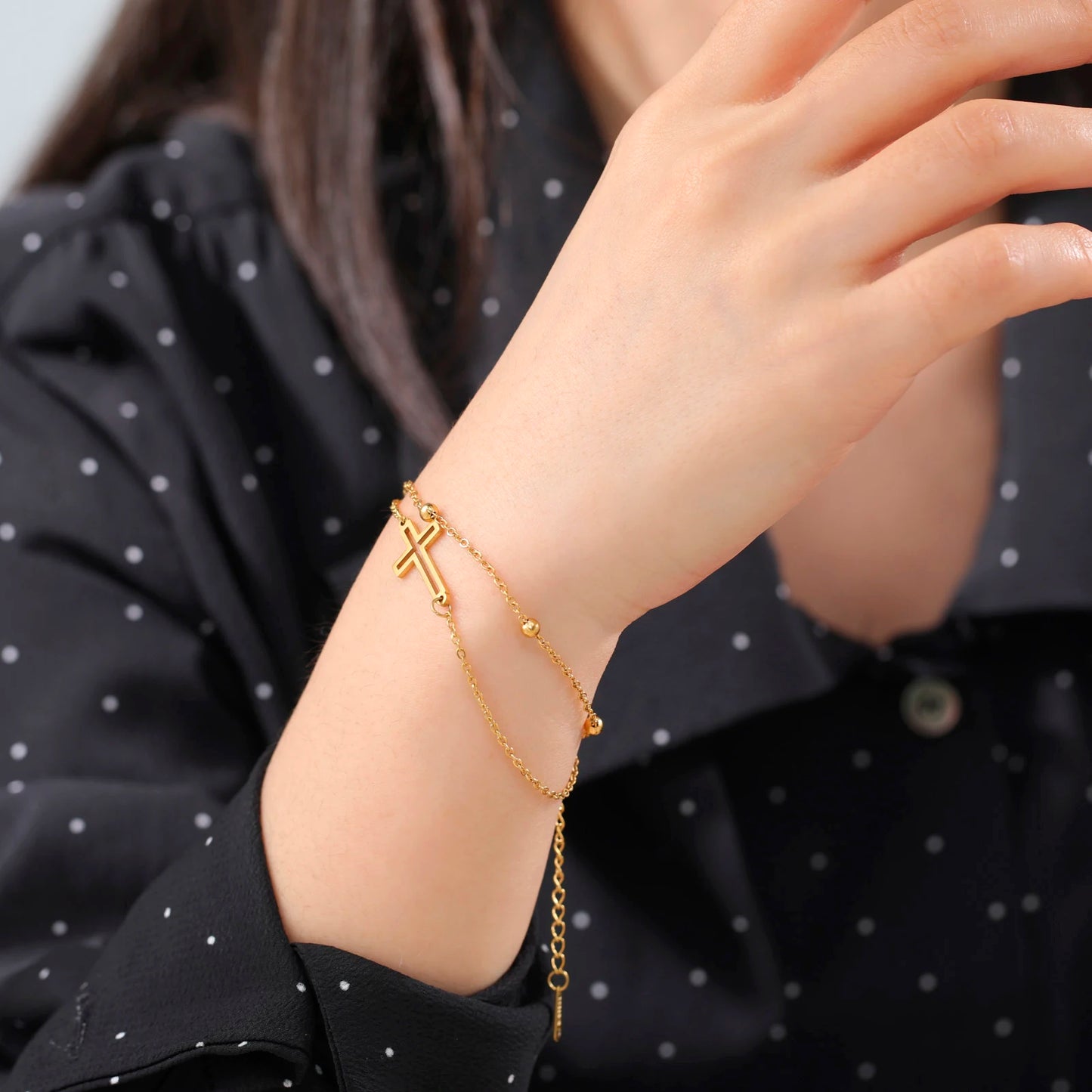 Cross Pendant Bracelets Stainless Steel Double Layer Chain