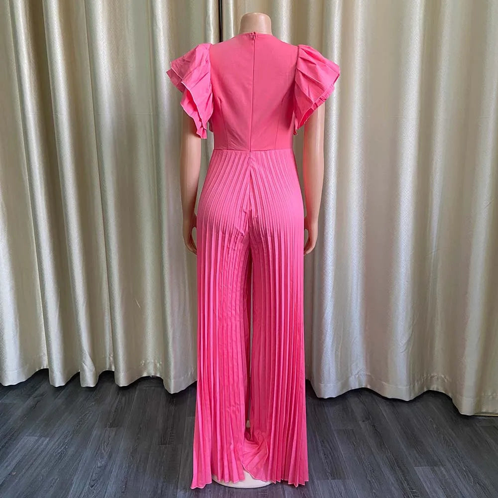 Pleated V neck Jumpsuit for ladies