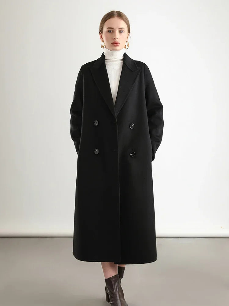 Wool Peak Lapel Overcoat Belt Double-Breasted Long Jacket Trench Coat