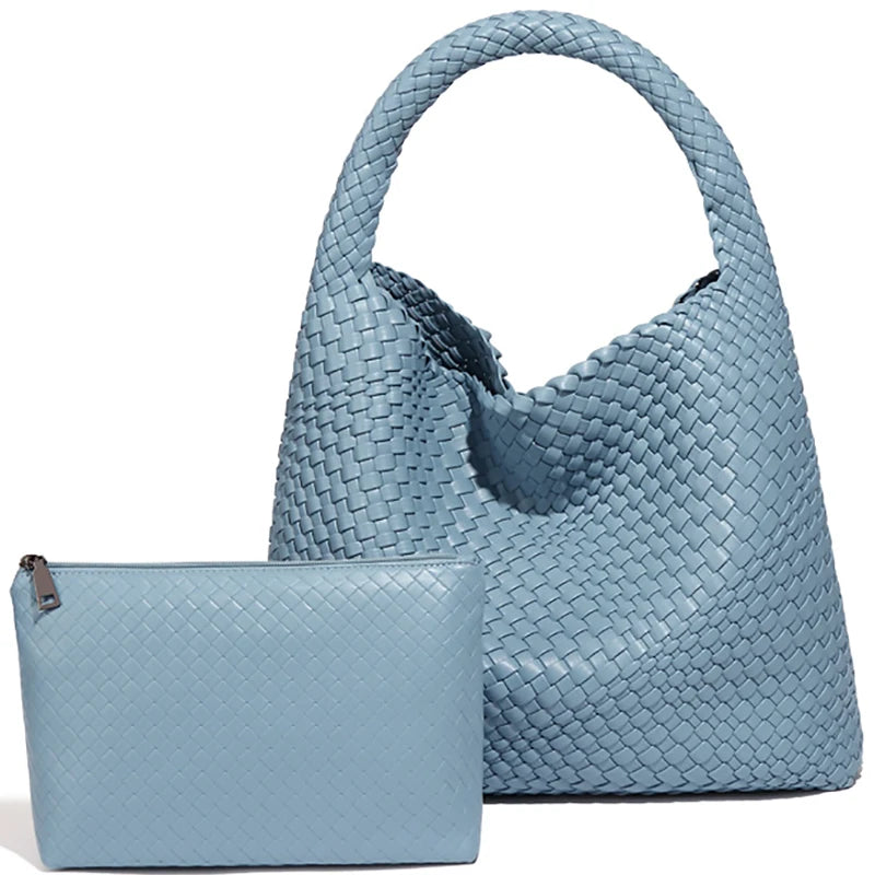 Large Woven Handbag Soft Leather Shoulder Bag Work Shopper Bag with Purse