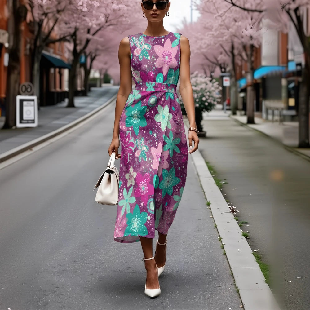 Breathable A-Line Sleeveless Chic Blue & White Dress