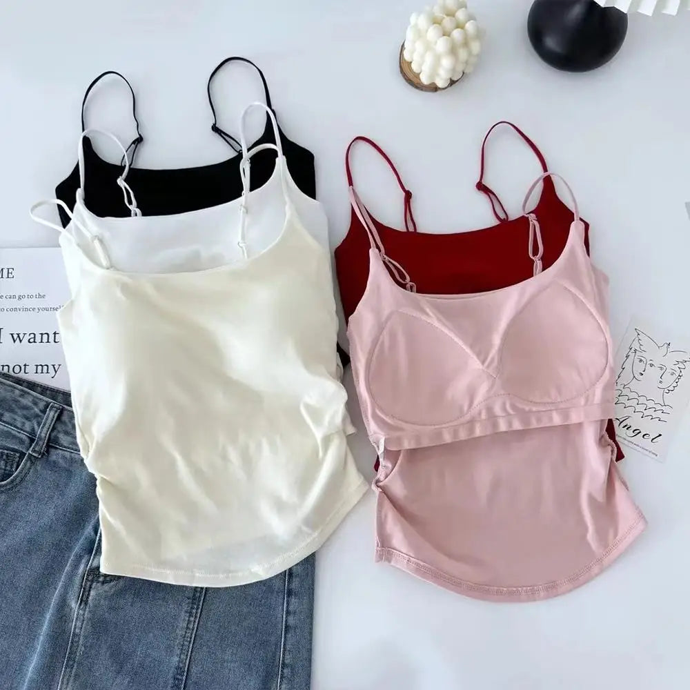 New Women Tank Tops Summer Solid Color Built-In Bra Camisole