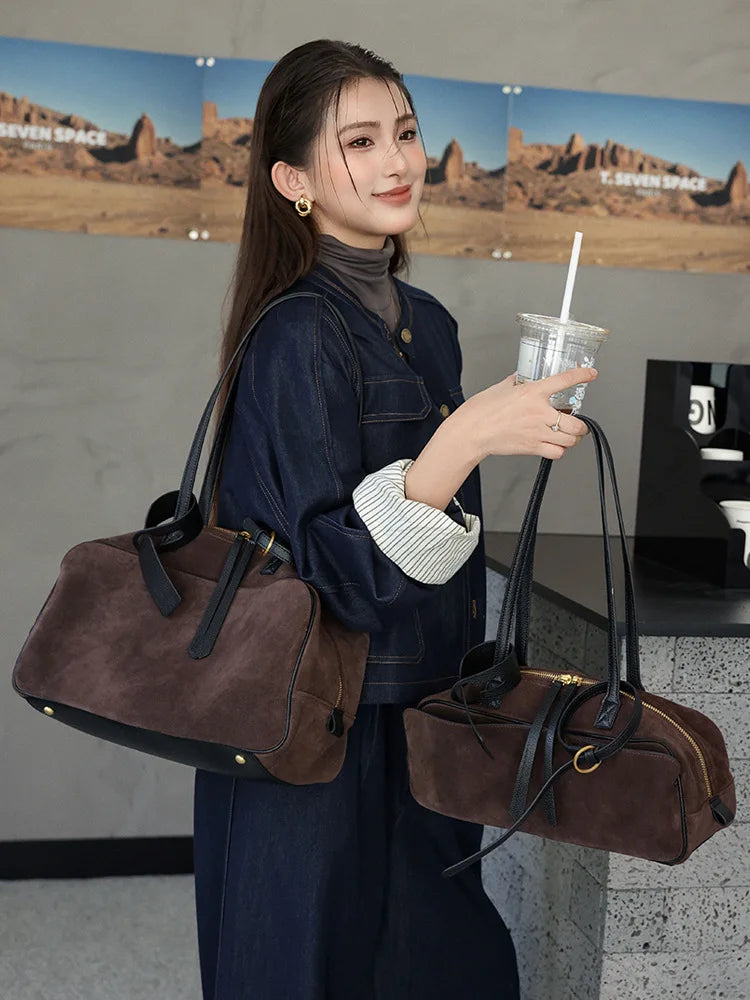 Women's Bowling Tote Bag Suede Leather Handbag Top Grain Leather Single Shoulder Underarm Bag