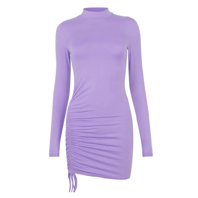 Women'S Dress Long Sleeve Solid Color Drawstring O-Neck Tight-Fitting