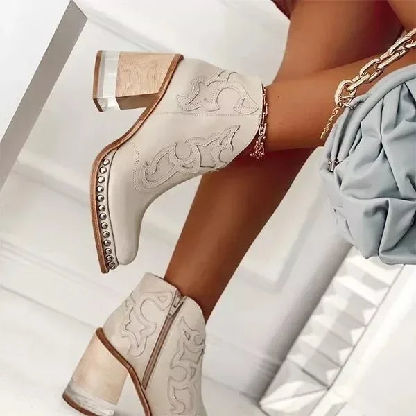 Female Ankle Boots  Leather Women's Shoes Low Heel Embroidered Design Soft Short Boots