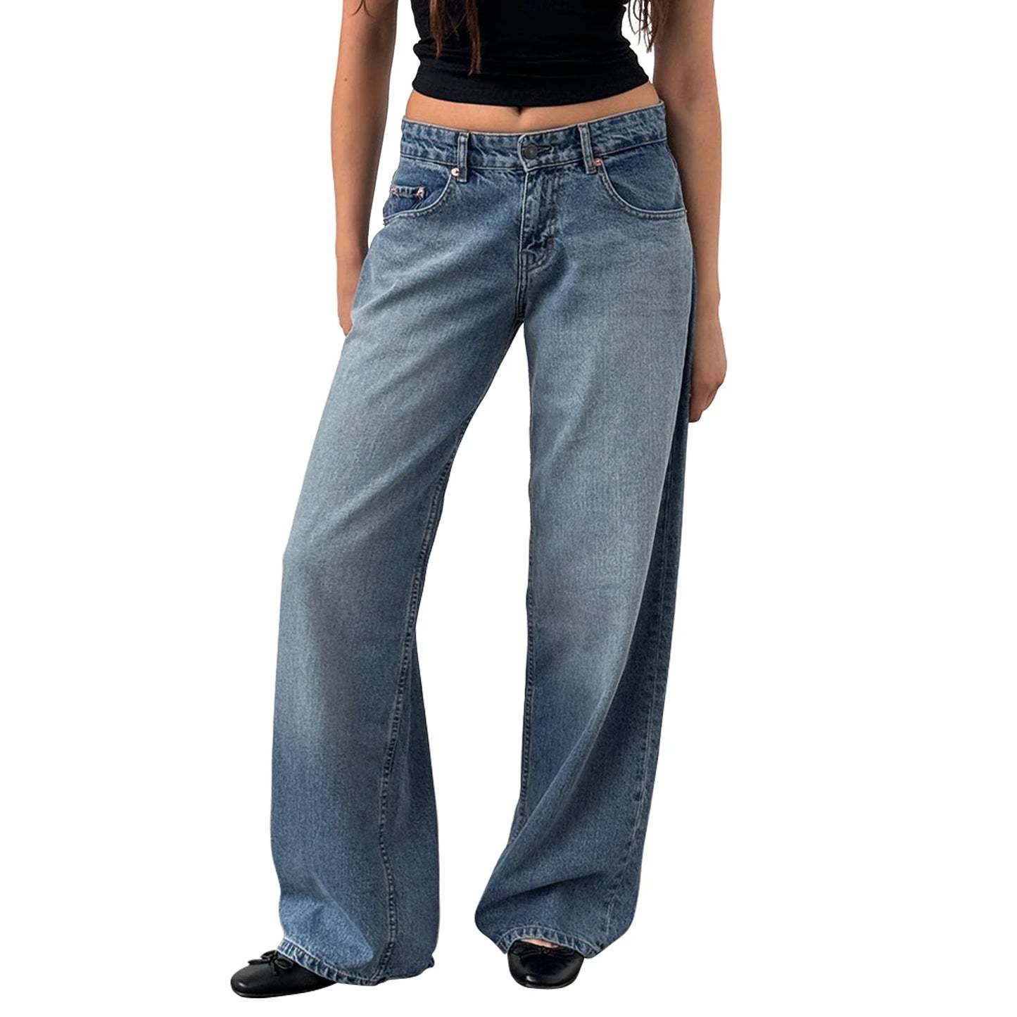 Women's versatile jeans, aesthetic solid color low rise
