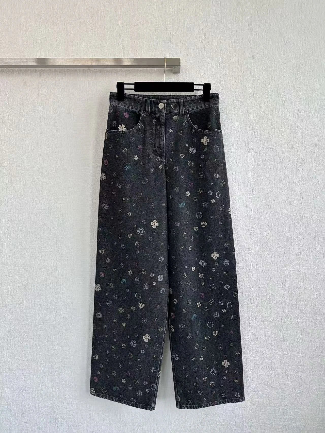 Women's Luxury Floral Denim Jeans, High Waist Wide Leg Trousers, Premium High Quality Loose Fit Pants