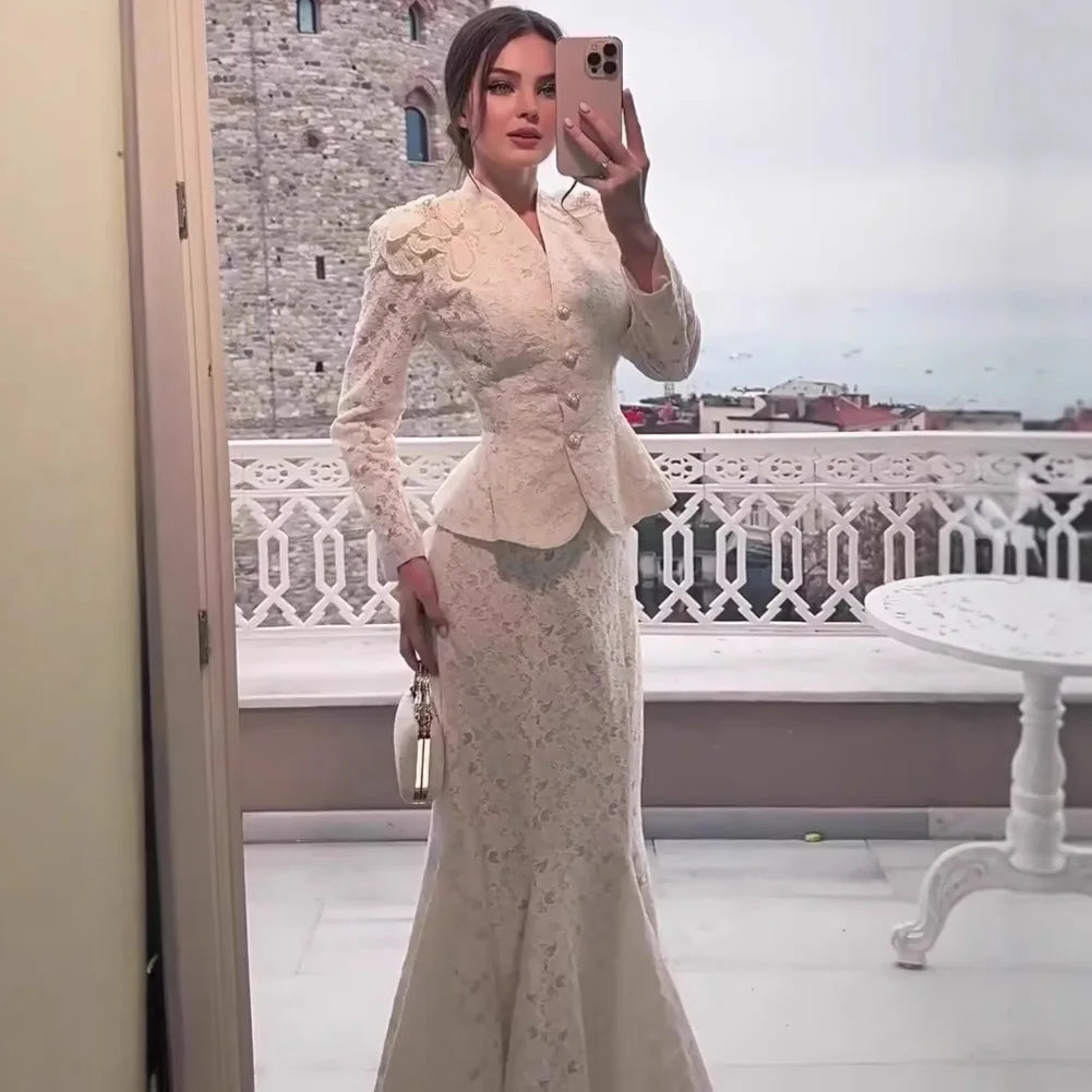 Women Two Piece Sets Skirt Set Full Sleeve V Neck Single Breasted Tops Fishtail Skirts