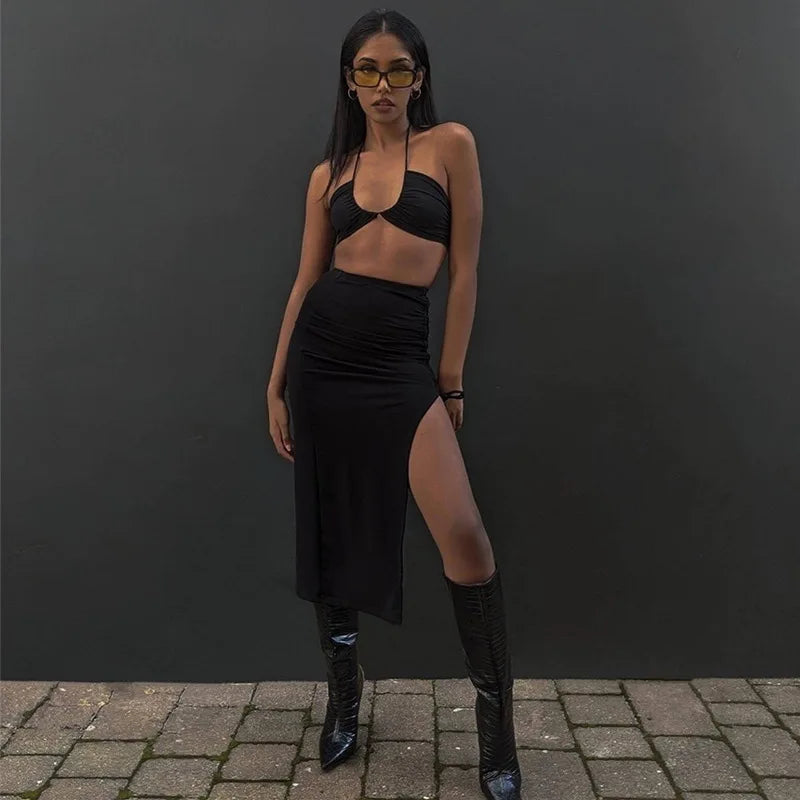 Women Sexy Slim Slit  Elastic High Waist Pleated Skirt