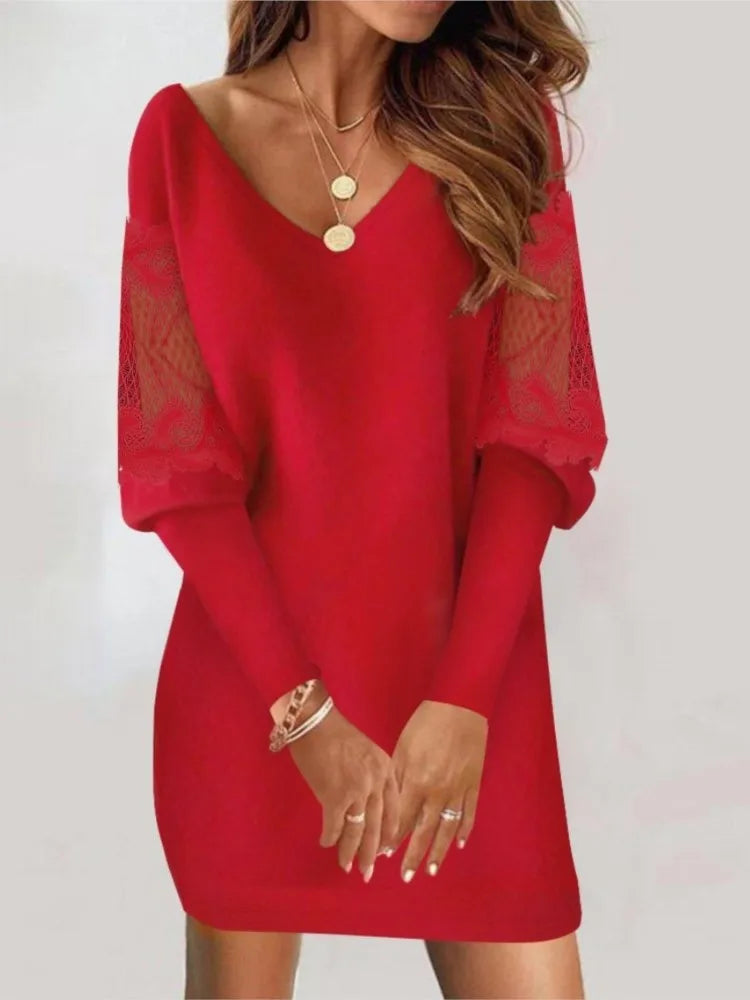 Sexy V Neck Mesh Lace Sleeve Loose Dress