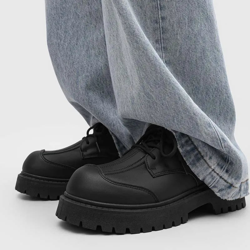 Men's Leather Loafers:Chunky Platform Derby Shoe Wide-Toe Casual Loafers