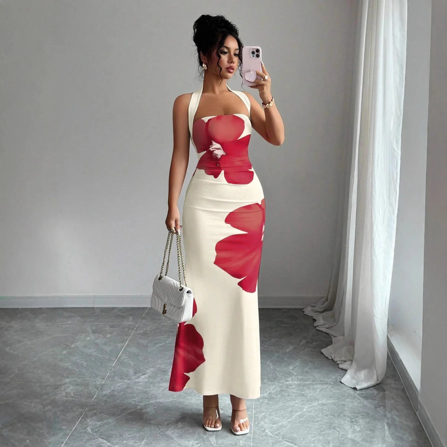 Plunging Neckline Back Opening Printed Pattern Woman Clothes