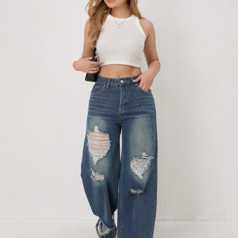 High-waisted Ripped Loose Wide-leg Jeans