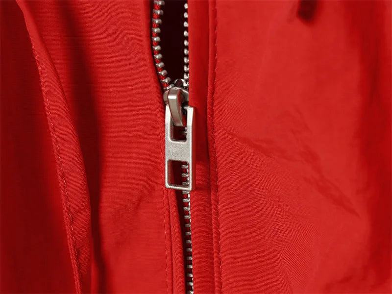 Red Long-Sleeve Drawstring Decorative Festive Hoodie Zipper Cardigan Casual