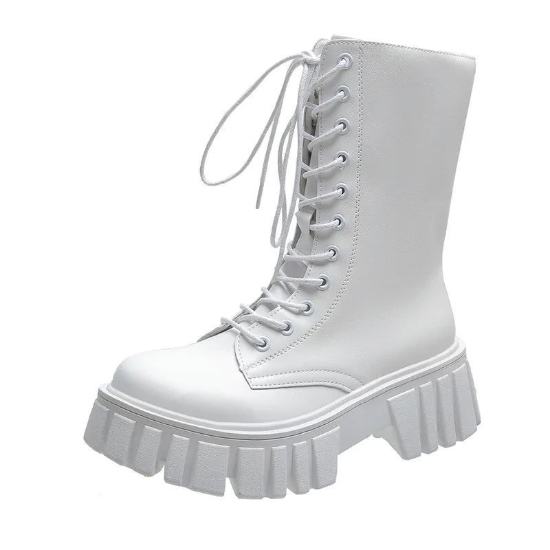 Women's  Boots  Thick Bottom Side Zipper Tie Lace  Warm round Toe Mid-Calf Boots