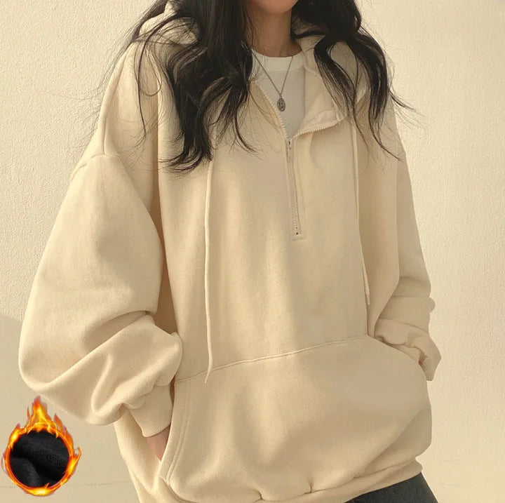 Women Hoodie  Loose Oversized Solid Color Top Half Zip Up Sweatshirt