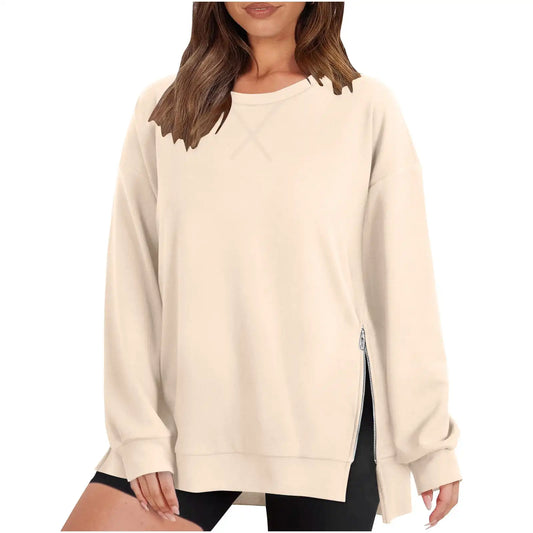 Women's Sweatshirts  Round Neck Drop Shoulder Long Sleeve Zipper Side