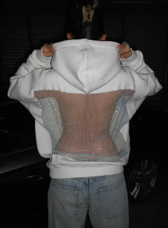 Casual Women's Hoodie Backless Design with A Sheer Mesh Panel and Functional Pockets