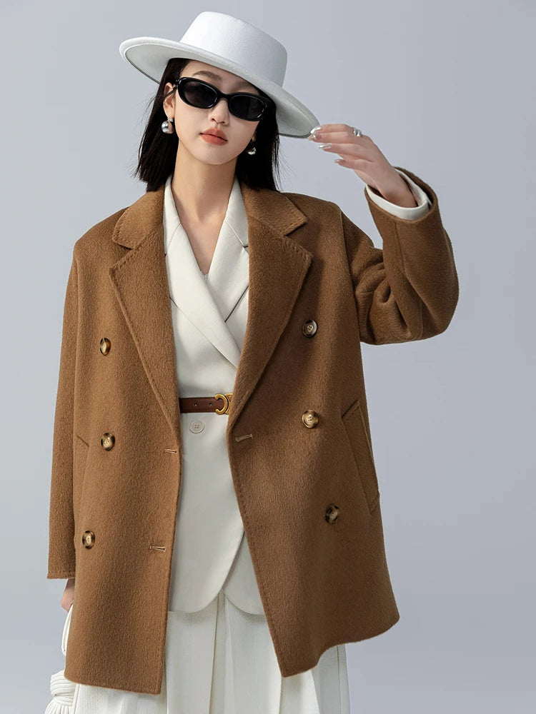 Mid-Length Women's  Camel  Double Breasted coat