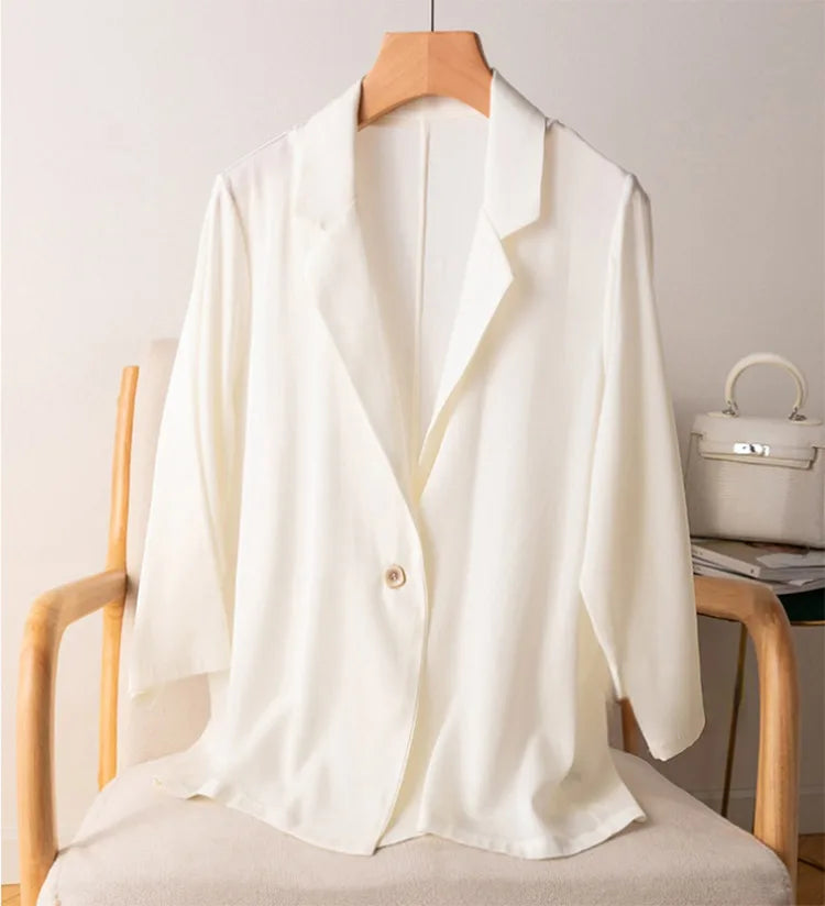 Women Blazer 95% Mulberry Silk 5% Spandex One Button Coat Jacket