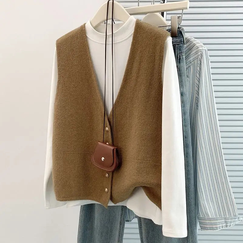 Women's Soft Knitted Vest Button deep V-Neck Sleeveless Fall Cardigan
