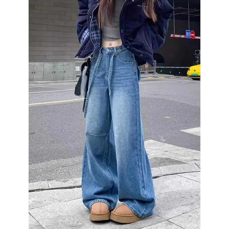Women's Wide-Leg Jeans High-Waisted with Drawstring Detail Baggy Fit
