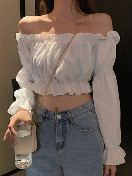 Women Top Sexy Blouse Off Shoulder Top  Puff Sleeve Ruffle Tunic Crop Top