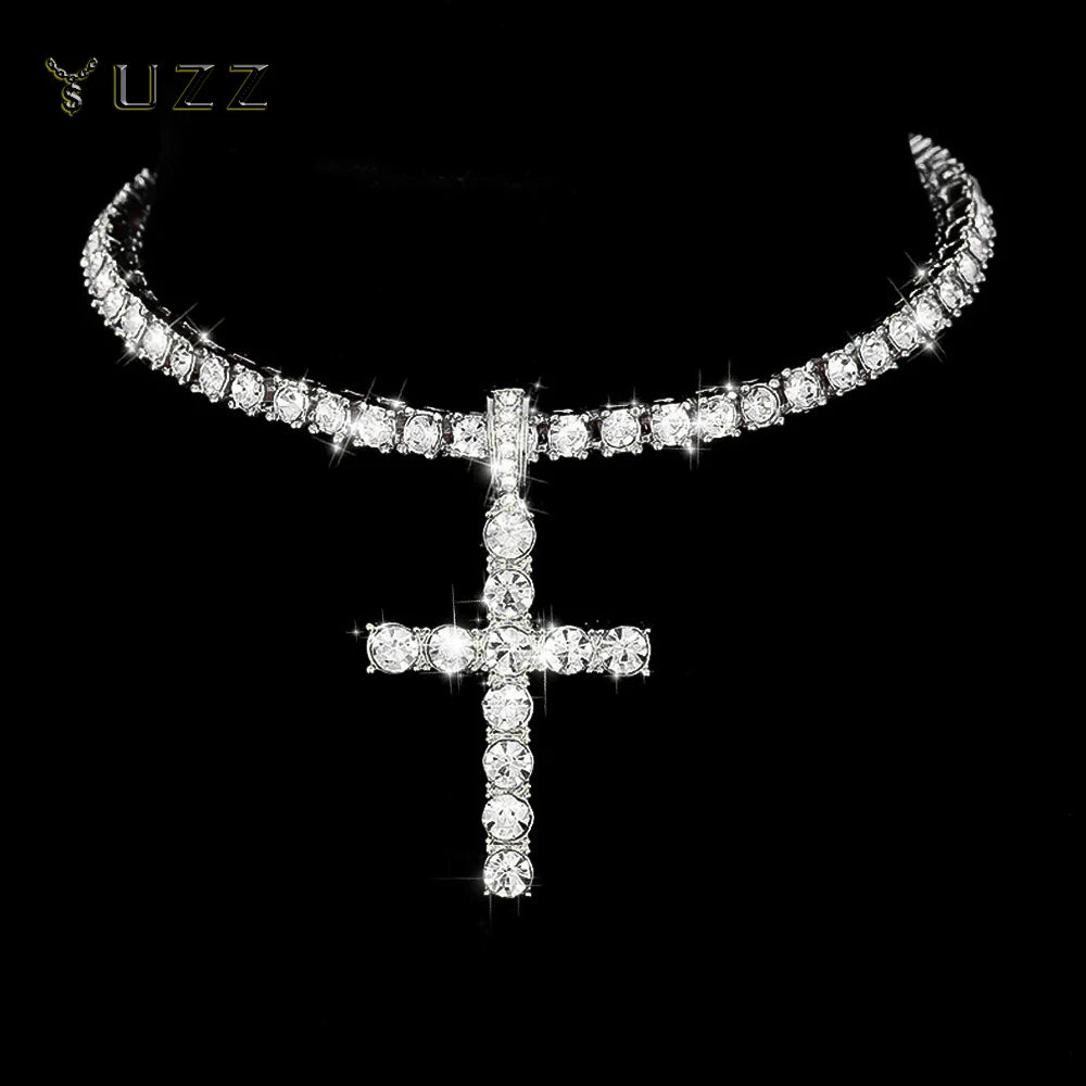 Hip Hop Iced Out Cross Pendant Necklace Strap 4mm Zircon