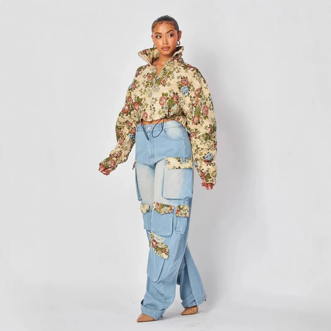 Women Pant Sets Print Matching Sets High Waist Straight Jeans Tracksuit