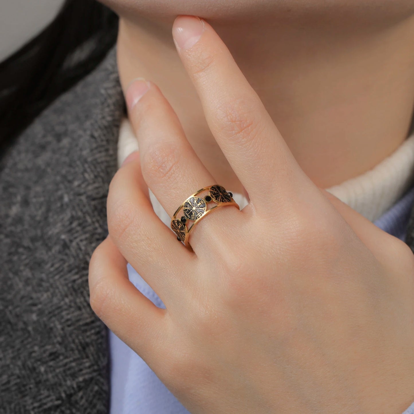 Sipuris Viking Compass Open Rings Stainless Steel Women's Jewelry