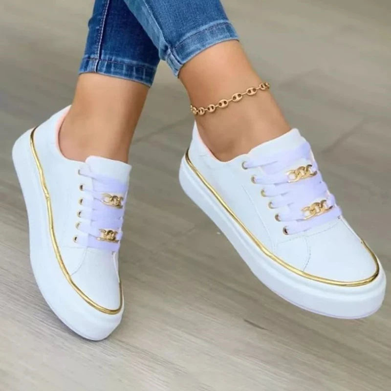 Women's Sneakers Chain Leather Comfortable Round Toe Platform Sneakers