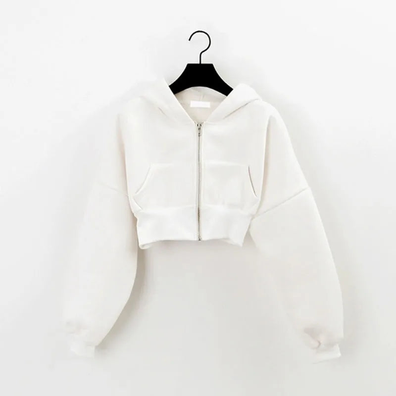 Cropped Zip Up Women Hoodies Vintage with Pockets Short Sweatshirt