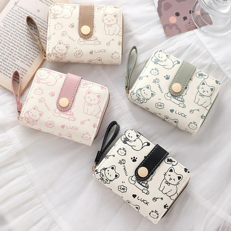 Cute Cat Wallets for Women Card Holder Small Purses with Zip Coin
