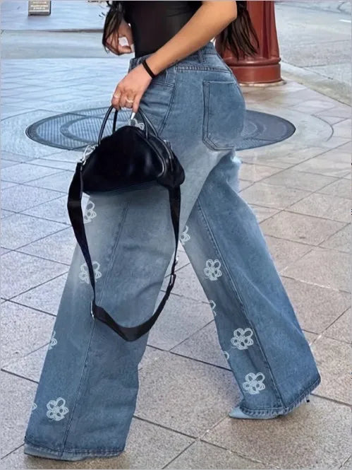 Women's Jeans   Floral Print High Waist Pocket Design Loose Jeans