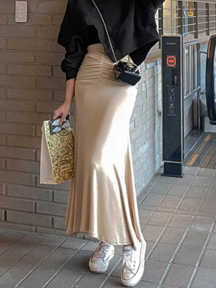 Shirring Satin  High Waisted Skirt