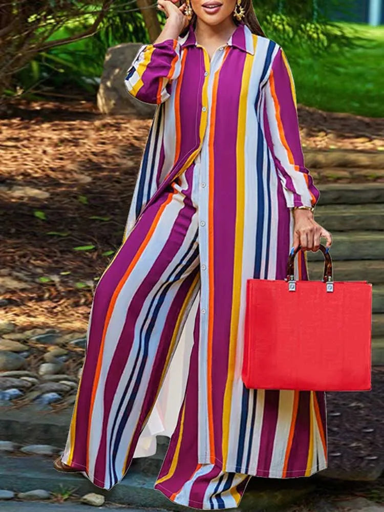 Elegant 2-piece Sets for Women  Long Shirt Blouse Full Sleeve Striped Plus Size Matching Sets