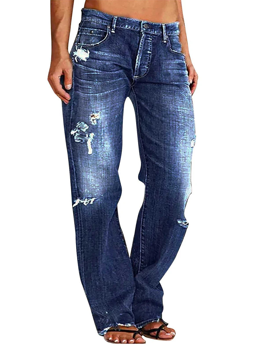 Women Men Denim Pants Casual Ripped Loose Straight Leg Jeans