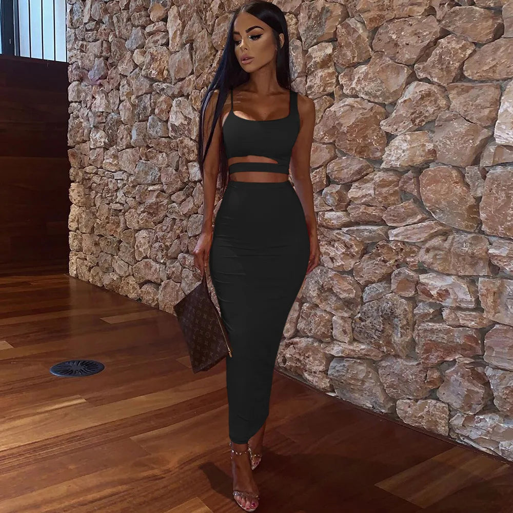 Female Clothing Sexy Pleated Hollowout Two-piece Dress