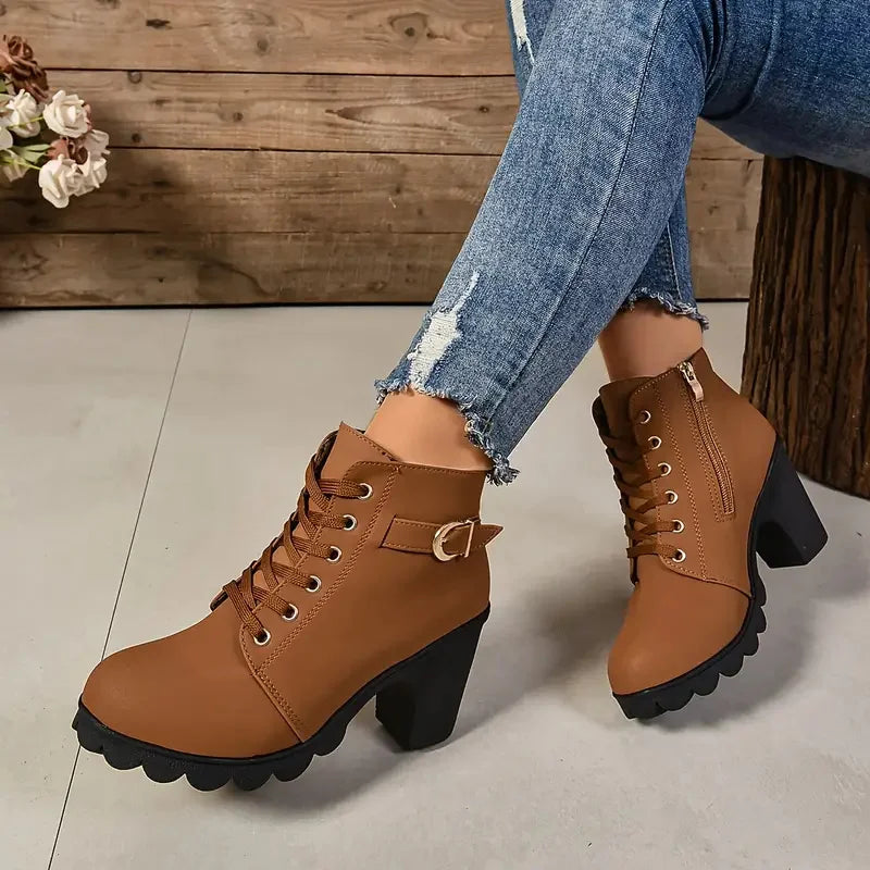 Women Boots Autumn Winter High Quality Boots Lace-up High Heels Shoes