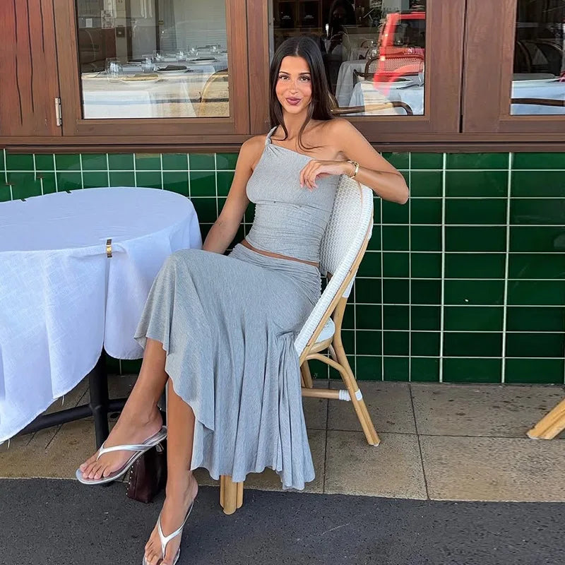 Tornova Pleated High Waist Long Skirt Suit Female One-shoulder Sleeveless Tanks Top Fashion Irregular Skirt Casual Women's Sets
