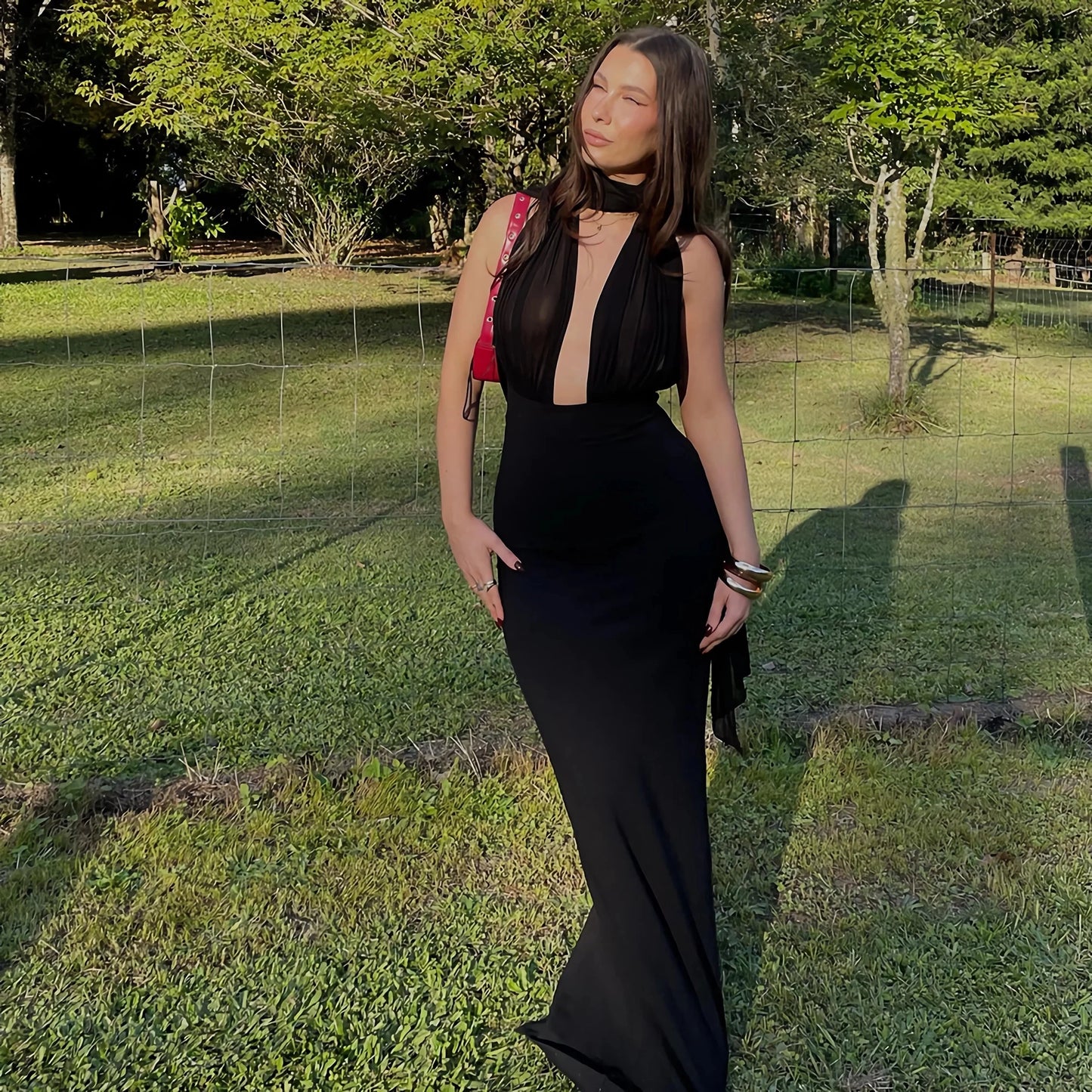 Elegant Shinny Deep V Midi Dress