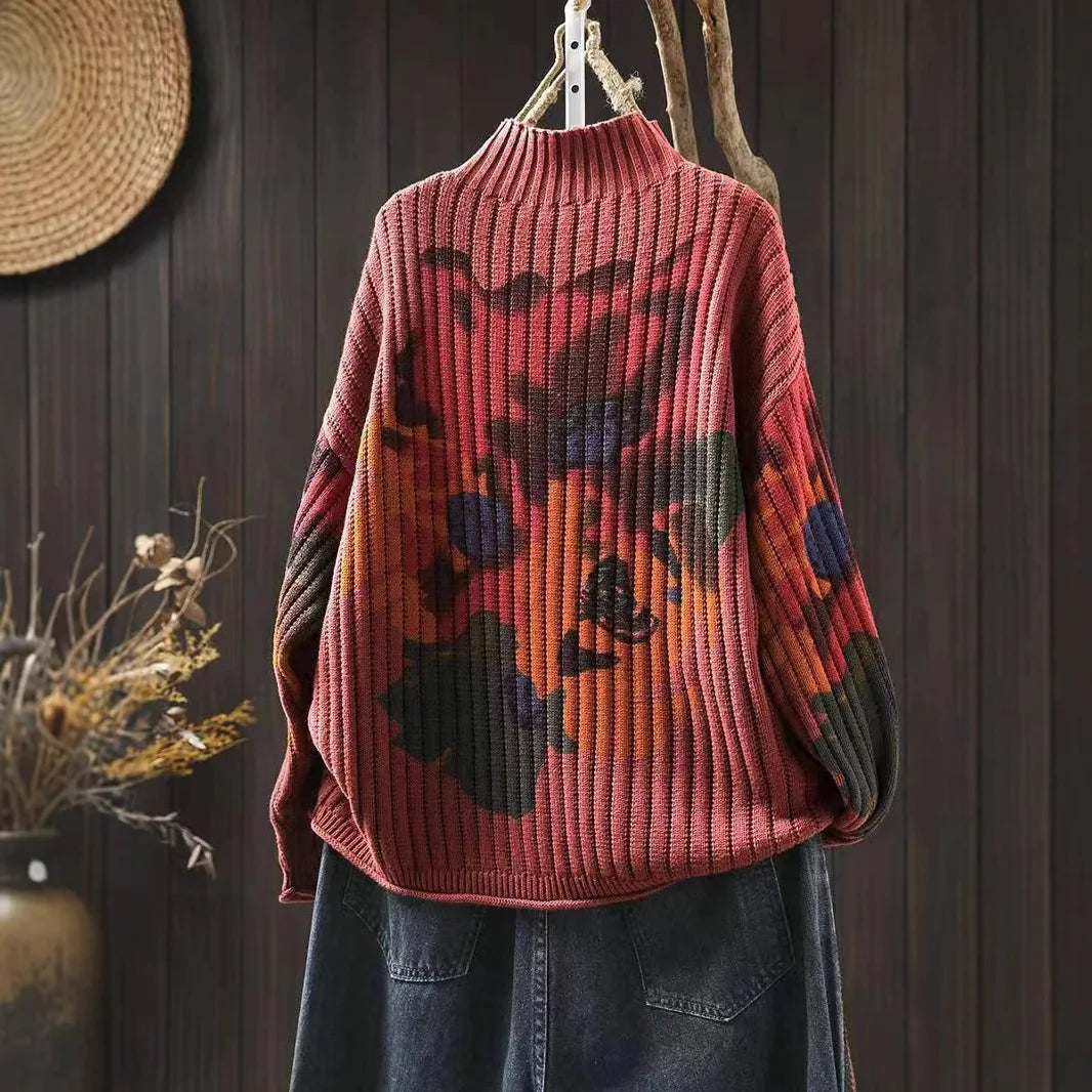Chic Flower Printing Knitwear for Women Loose Casual Long Sleeve Half-turtleneck Knitwear