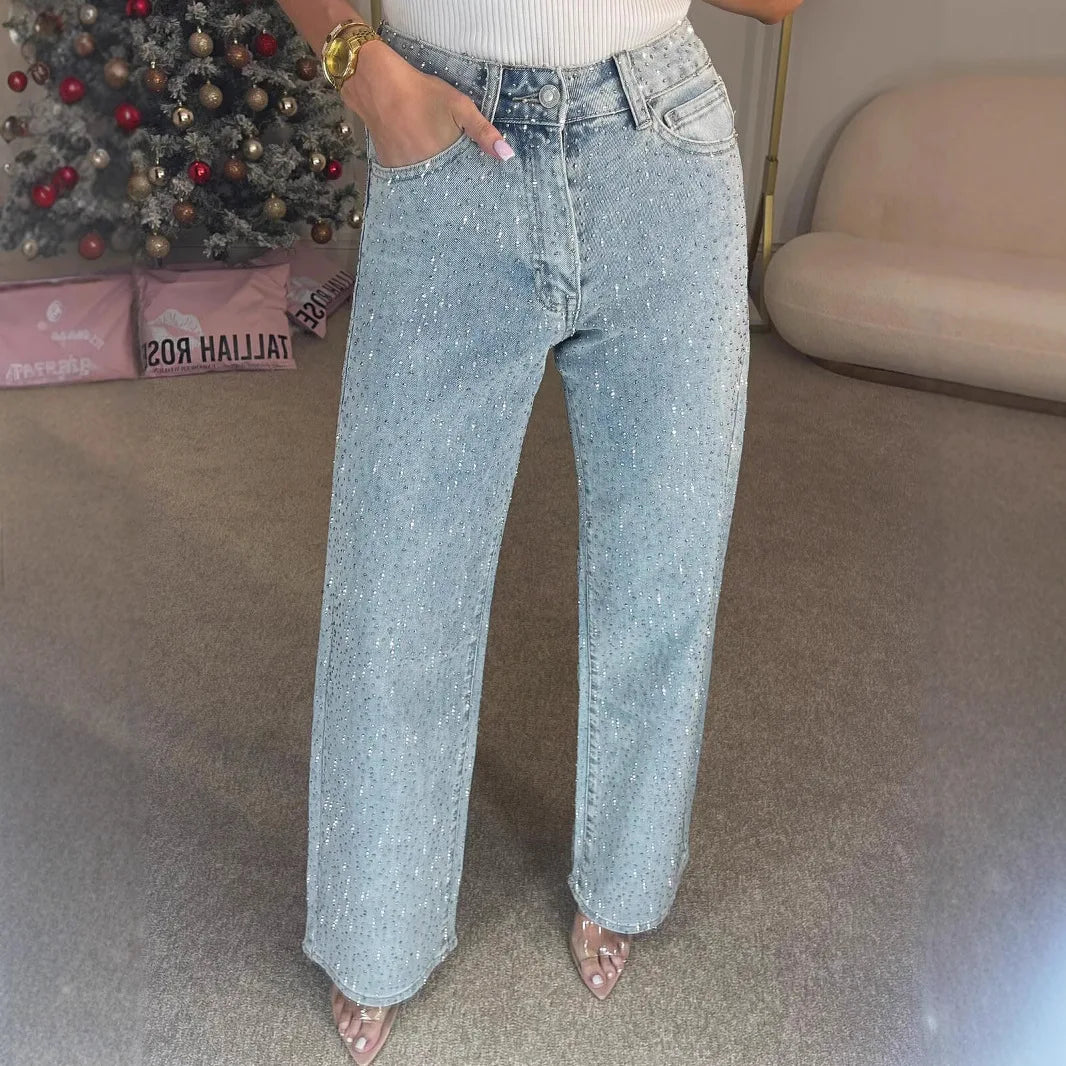Straight Jeans for Women Diamonds Pants Stretch