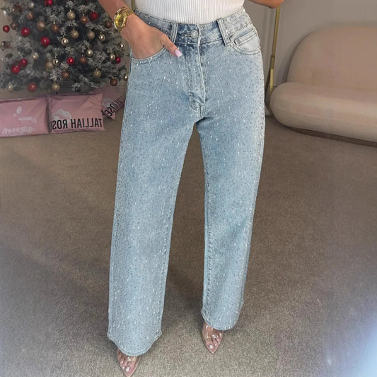 Straight Jeans for Women Diamonds Pants Stretch