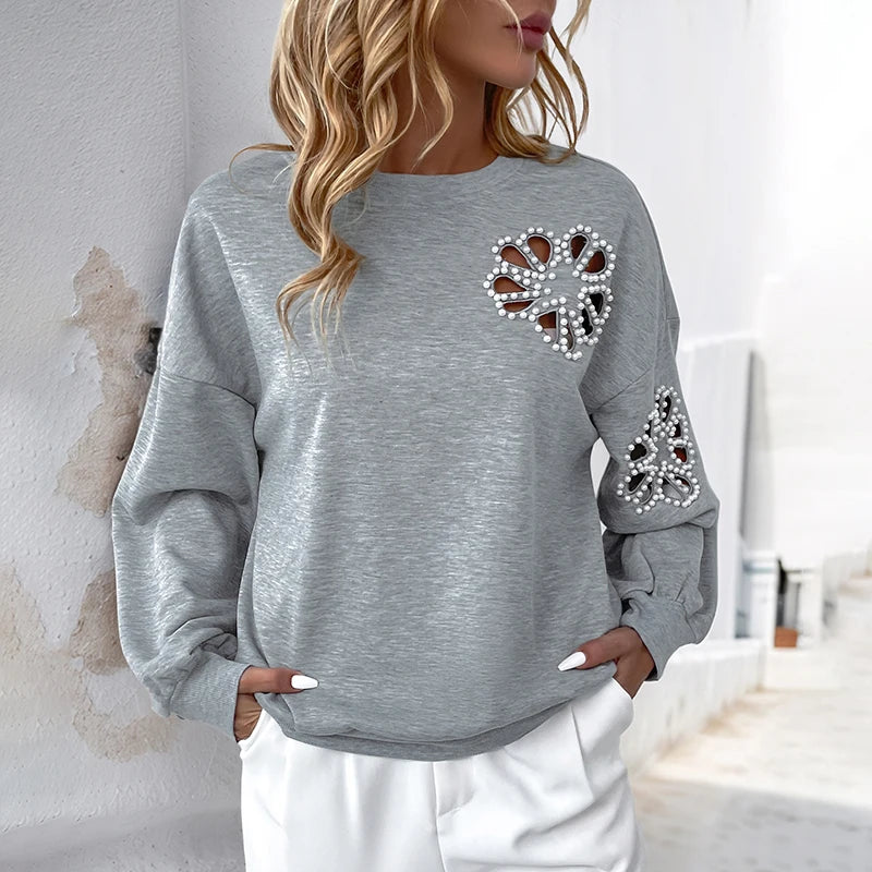 Women's Gray Pearl Embellished Cutout Sweatshirt
