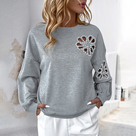 Women's Gray Pearl Embellished Cutout Sweatshirt