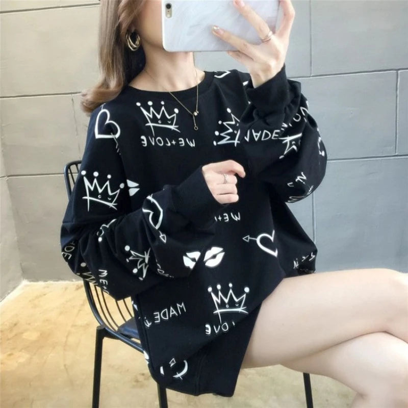 Women's Sweatshirts Black Youthful Clothes  New In Plus Size Female Pullover