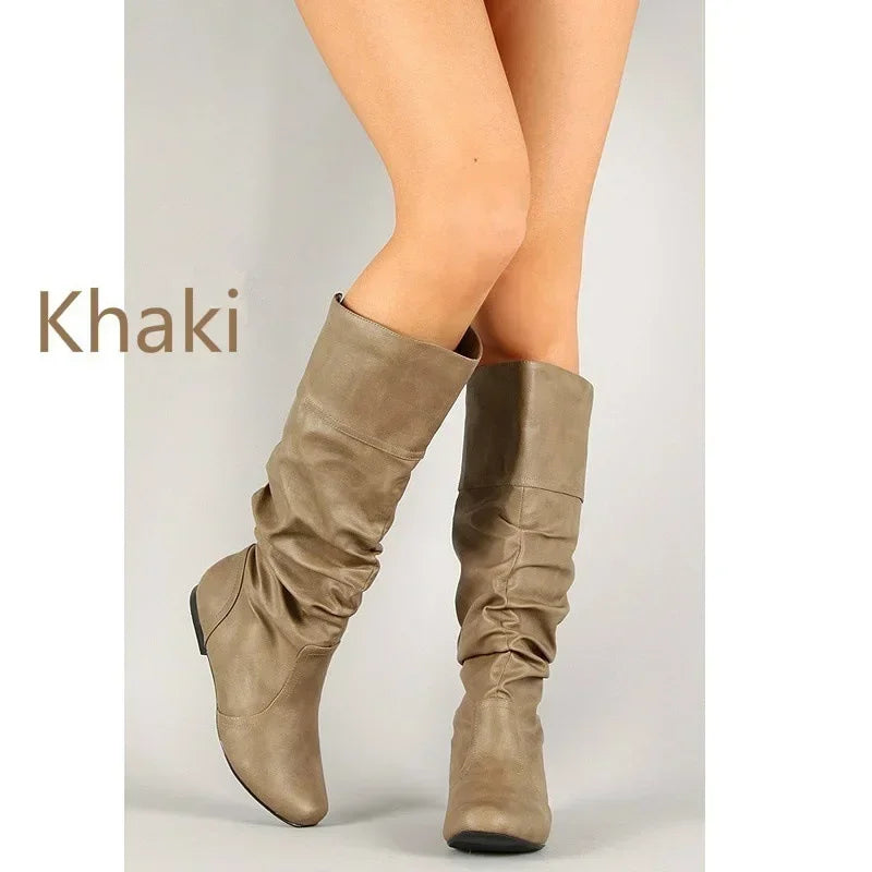 Women Leather Boots Fashion Pleated Wedge Long Boots Round Toe