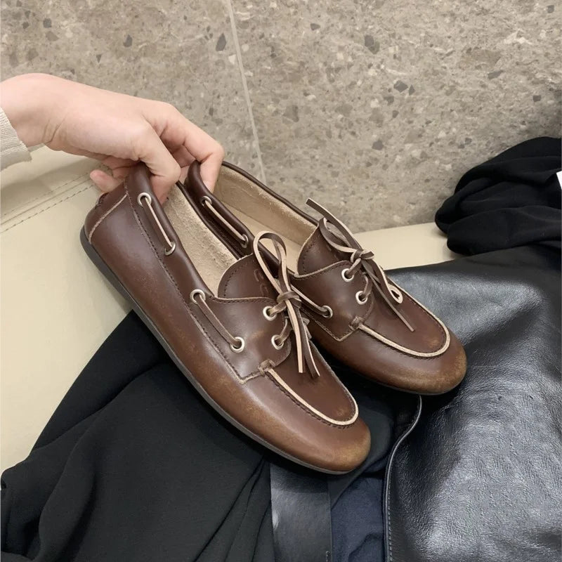 Women's Loafers Shoes Genuine Leather High Quality Round Toe Soft Bottom Flat Shoes