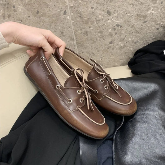 Women's Loafers Shoes Genuine Leather High Quality Round Toe Soft Bottom Flat Shoes